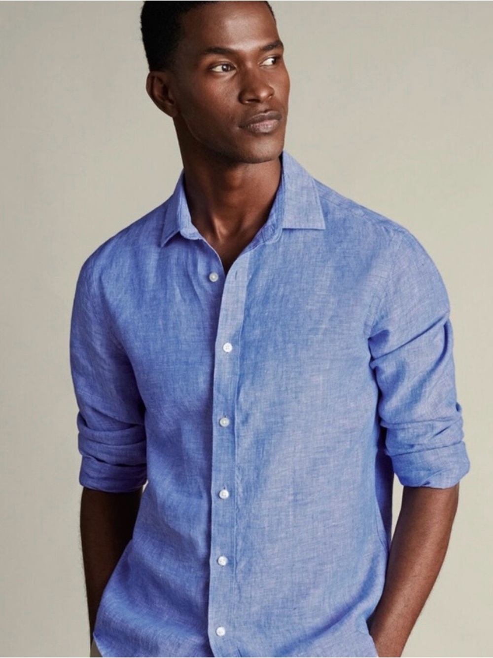 Charles Tyrwhitt Men’s Blue 100% Linen Slim Fit Long Sleeve Button Up Shirt M